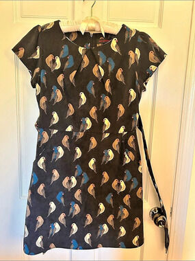 SM WARDROBE Retro Parrot Dress Corduroy Novelty Bird Print Mini Black & Blue
